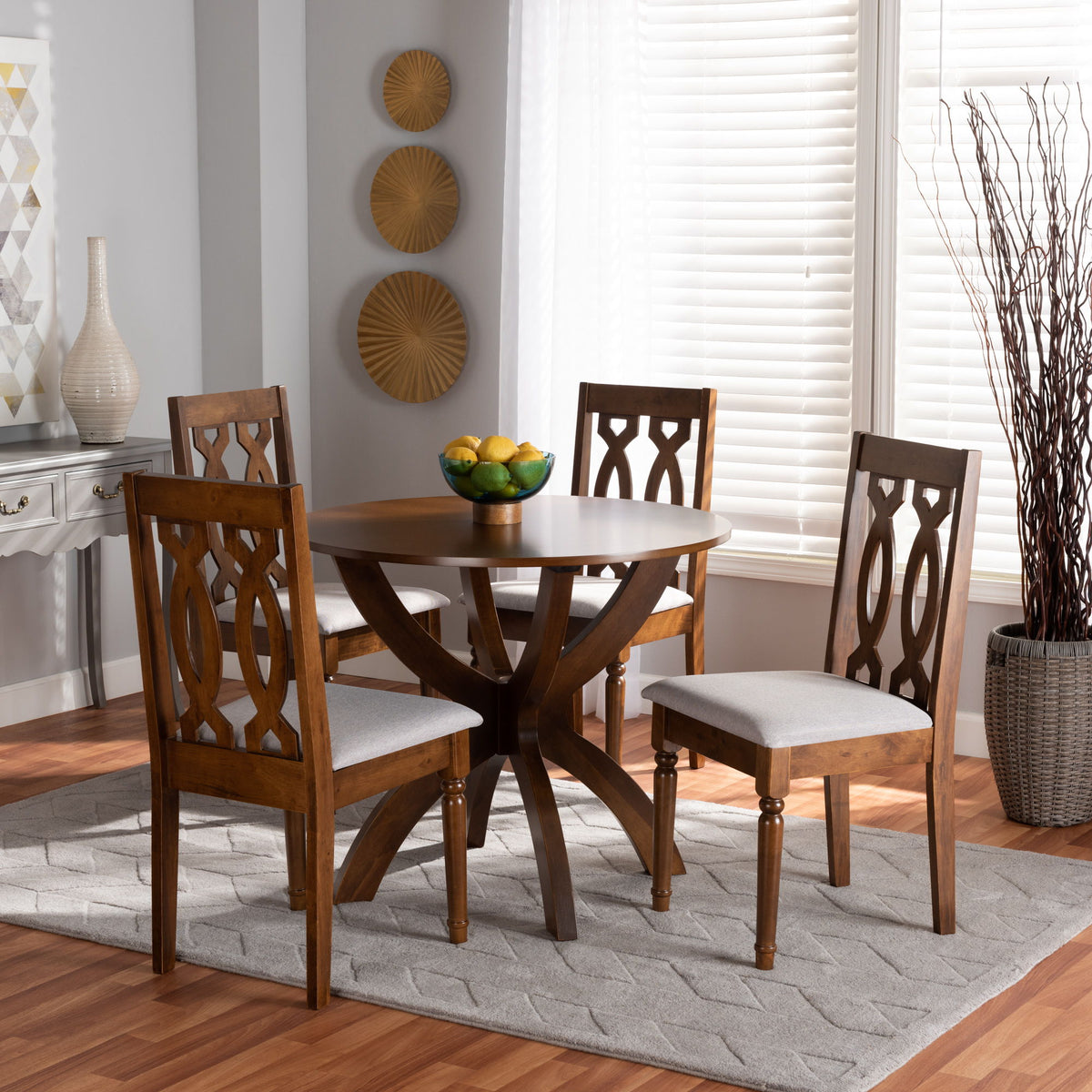 Mona Modern and Contemporary Grey Fabric Upholstered and Walnut Brown Finished Wood 5-Piece Dining Set