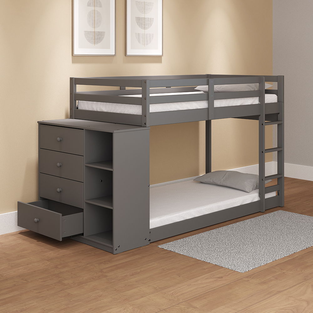 Gaston - Twin Over Twin Bunk Bed With 4 Drawers & 3 Compartments - Gray