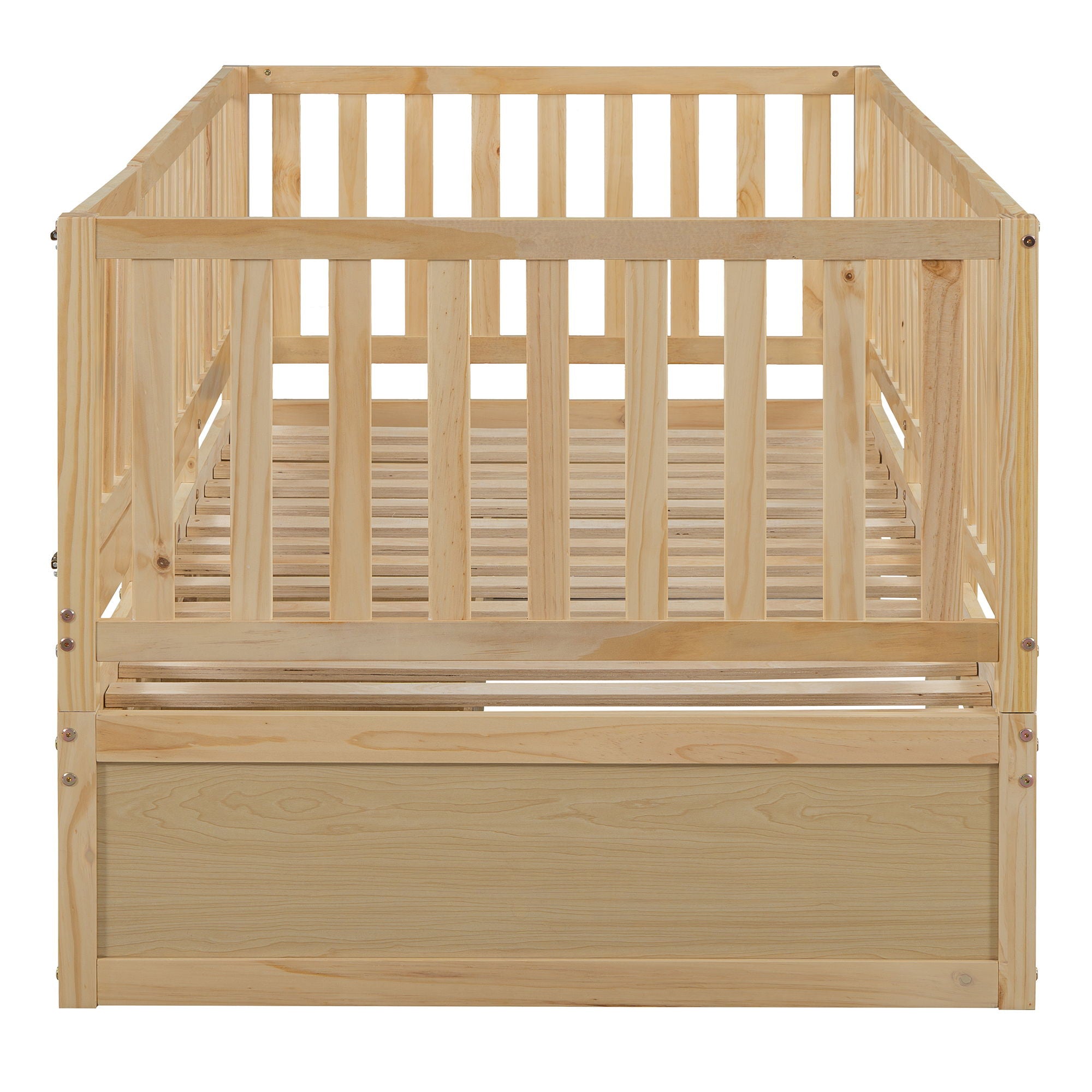 Daybed With Fence Guardrails And 2 Drawers, Split Into Independent Floor Bed & Daybed