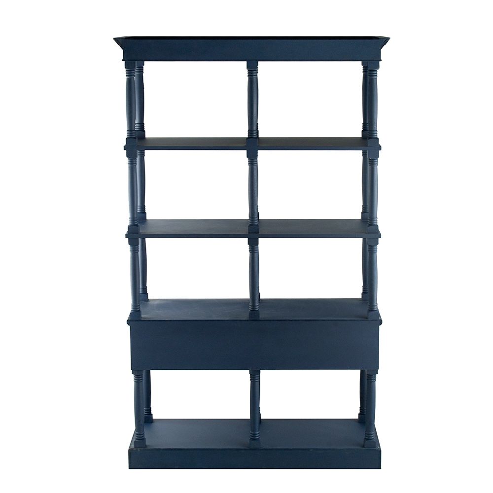 4 Tiered Wooden Shelf With Two Drawers, Farmhouse Wood Bookcase Display Storage Shelf Etageres - Antique Navy Blue