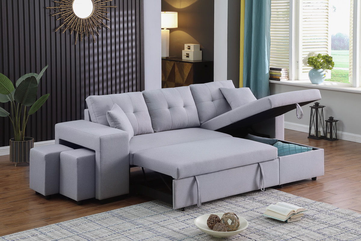 Dennis 93"W Light Gray Linen Fabric Reversible Sleeper Sectional with Storage Chaise and 2 Stools