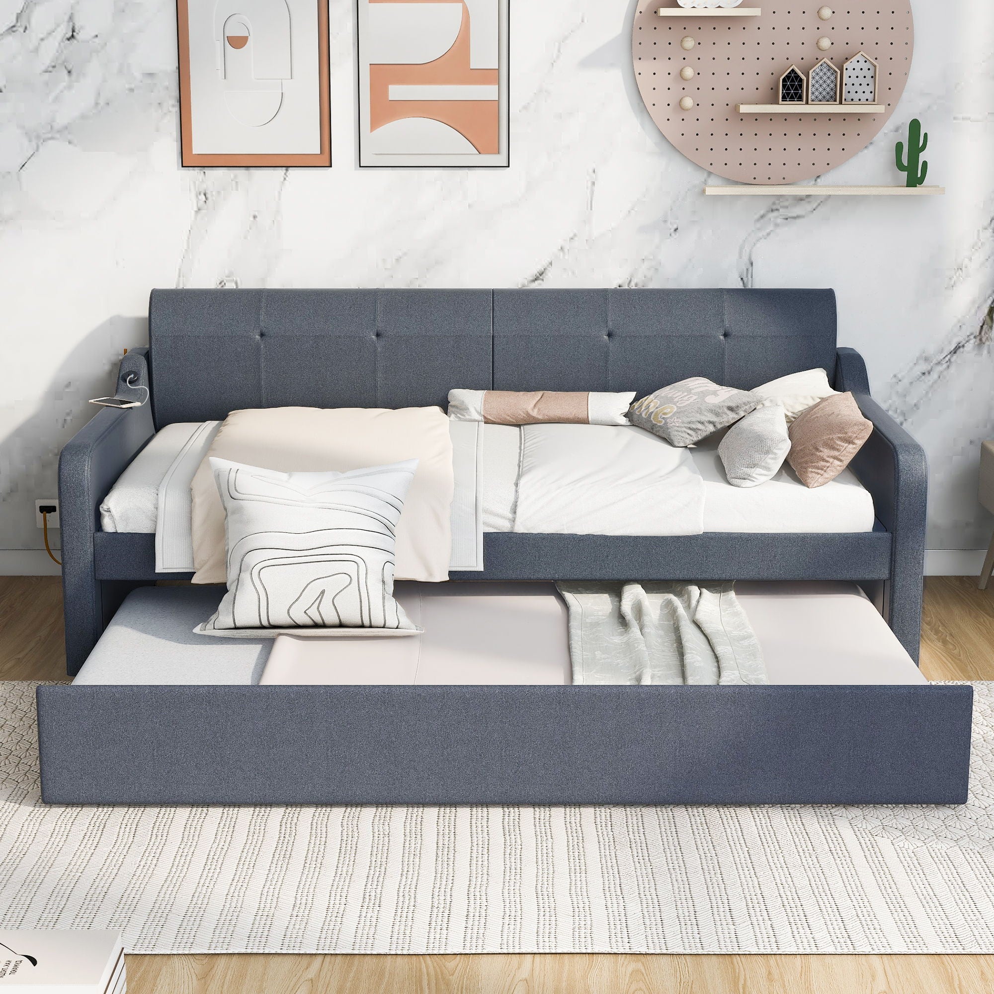 Upholstered Daybed With Trundle And USB Charging
