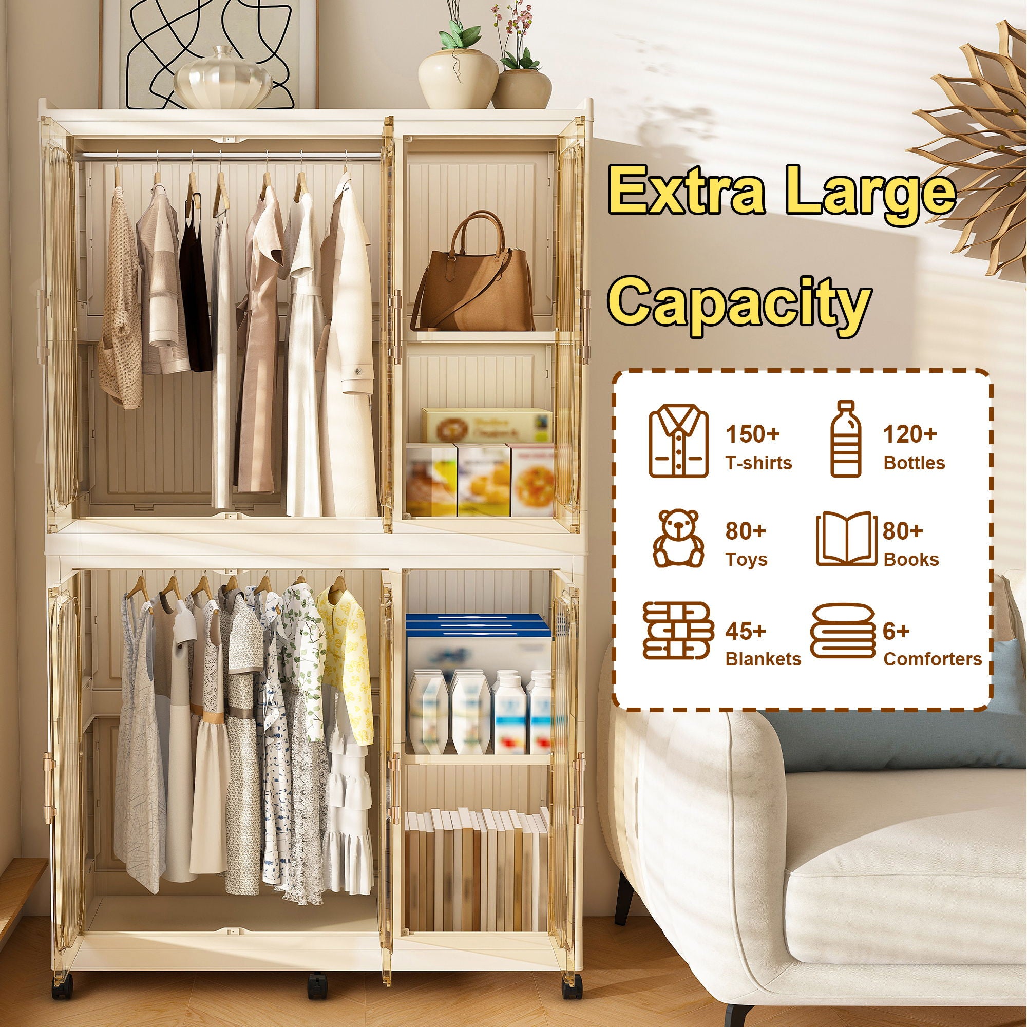 Portable Wardrobe Closet Storage Organizer For Clothes, 6 Magnetic Doors With 6 Cubes & 2 Hanging Rods, 6 Hangers - Cream White
