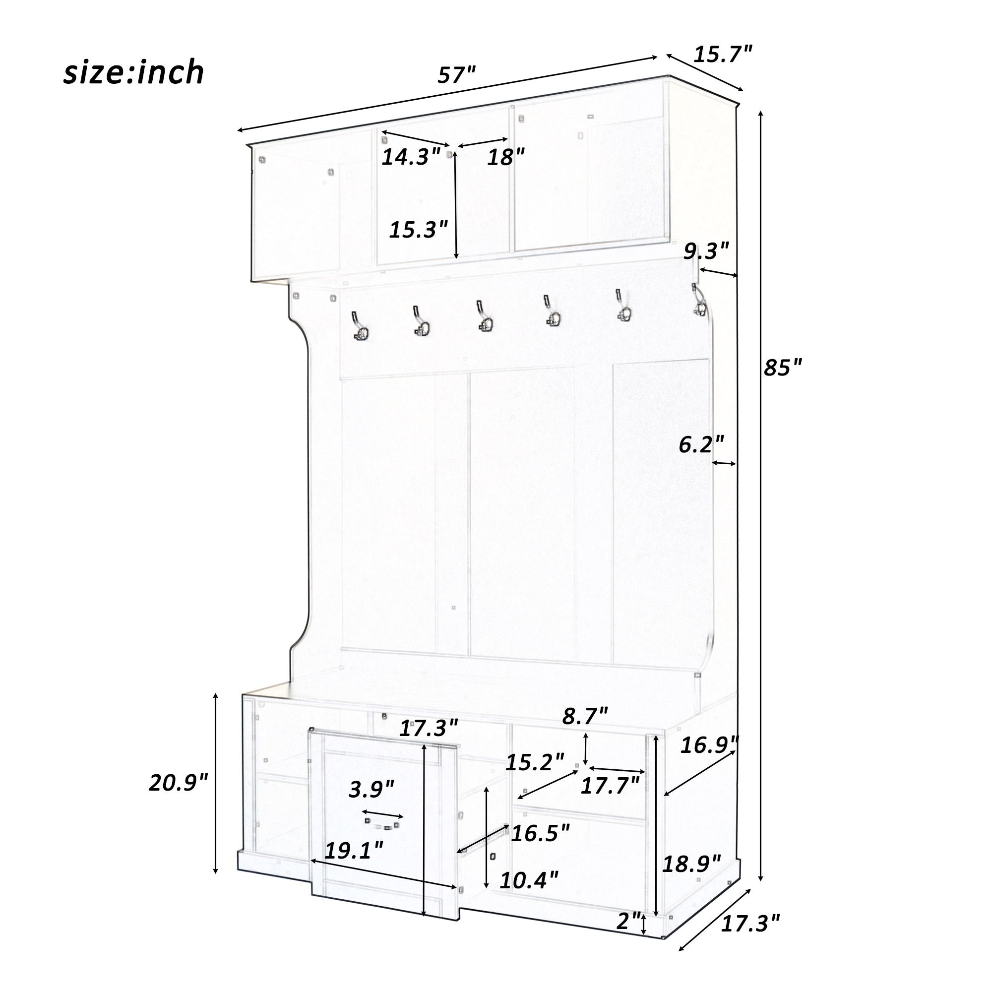 Hall Tree With 6 Hooks, Coat Hanger, Entryway Bench
