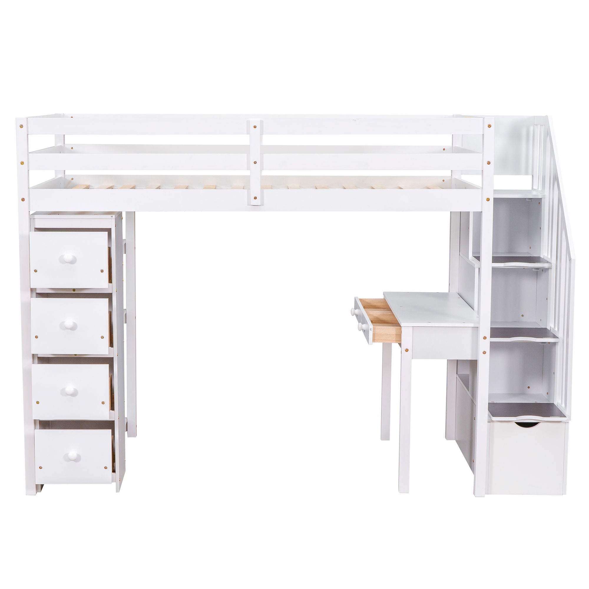 Loft Bed With Storage Drawers, Desk And Stairs With Shelves