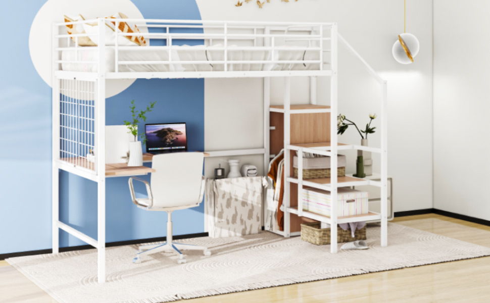 Loft Bed With Desk And Grid, Stylish Frame With Lateral Storage Ladder And Wardrobe