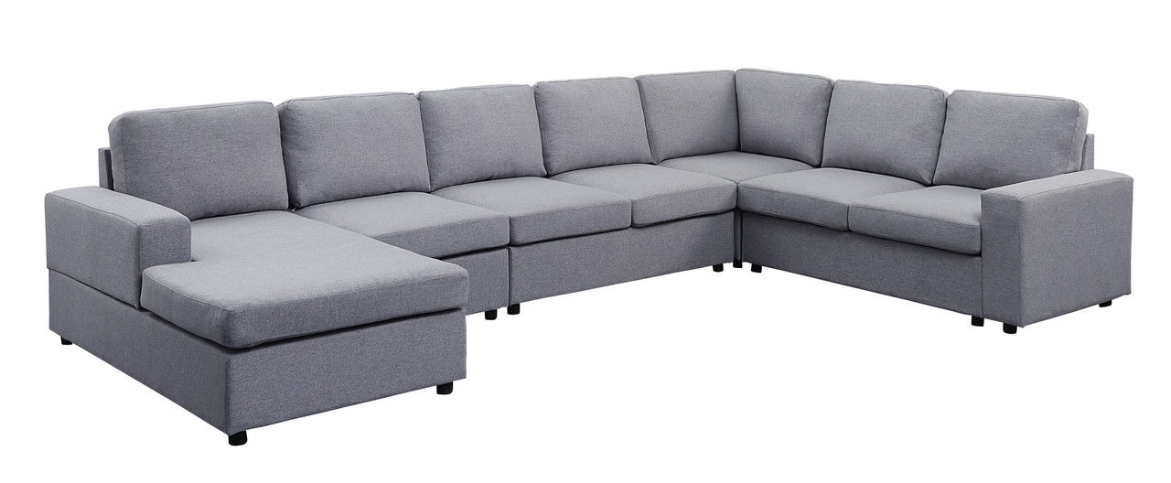 Tifton 147"W Light Gray Linen 7 Seat Reversible Modular Sectional Sofa Chaise