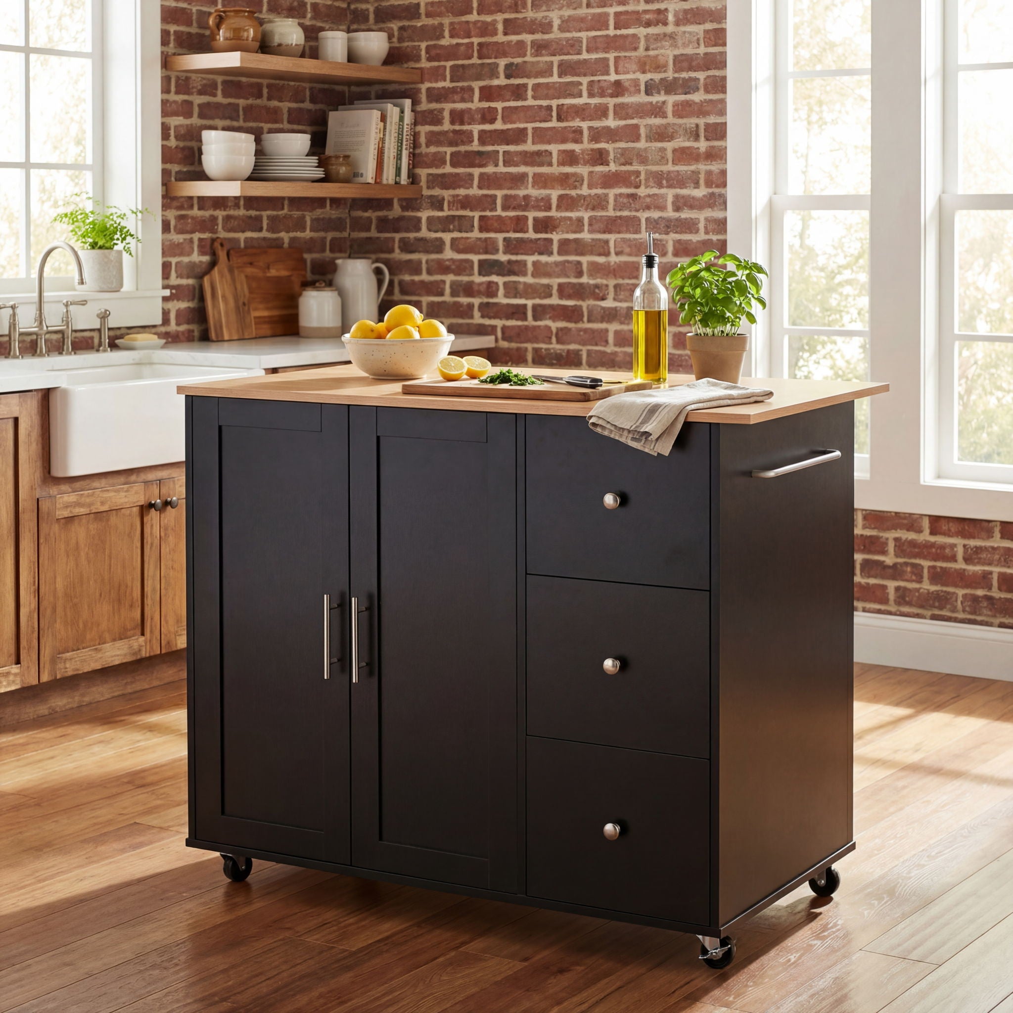 Mobile Kitchen Cart With Storage With 2 Doors, 3 Drawers & Adjustable Shelf - Black / Natural