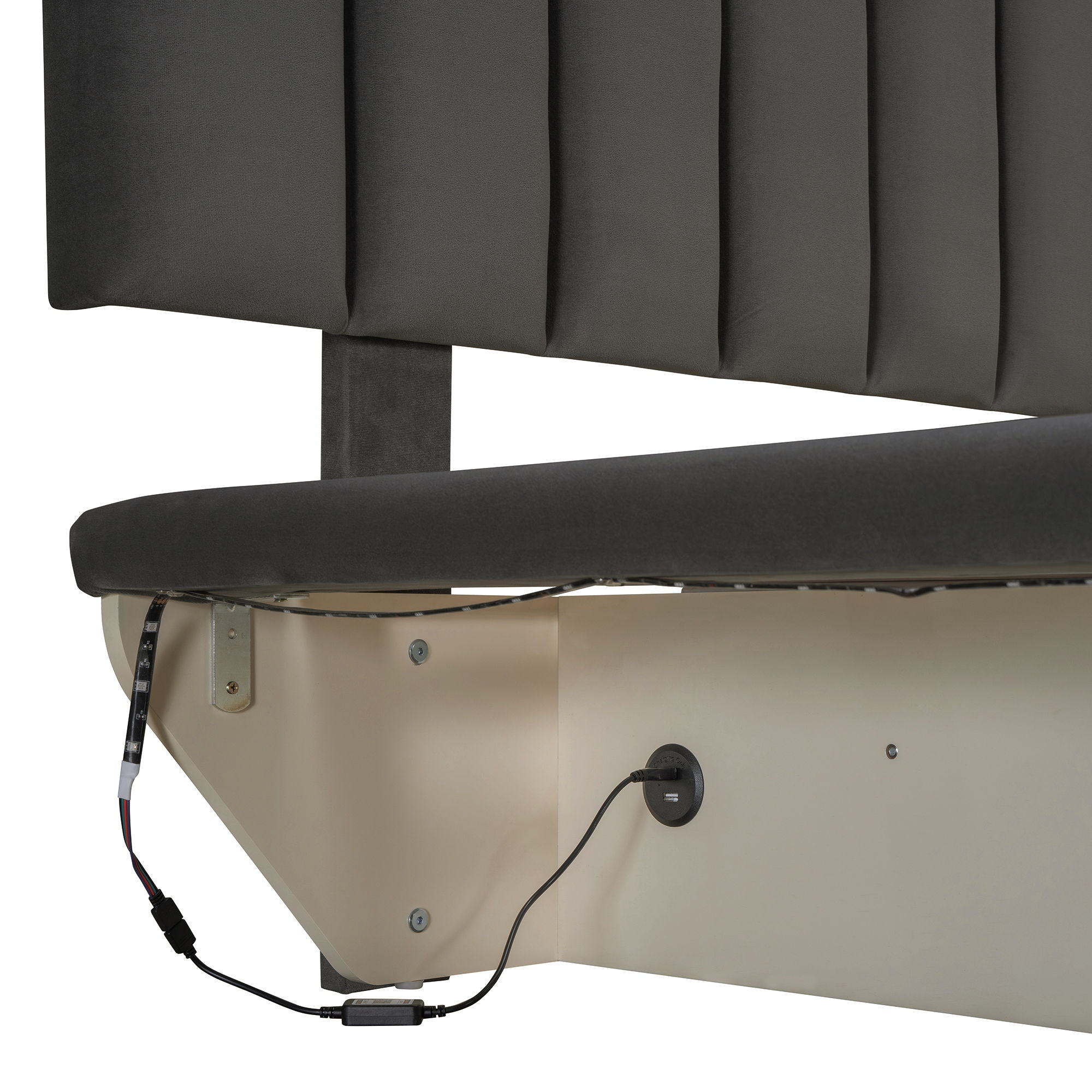 Upholstered Floating Hydrualic Platform Bed With LED Light And USB Port