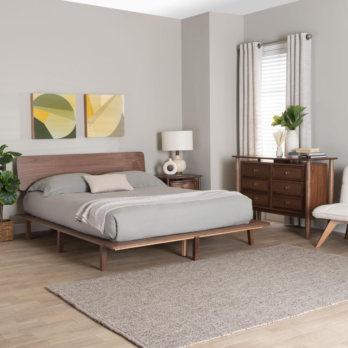 Alyssa Japandi Walnut Brown Wood Queen Size 3-Piece Bedroom Set