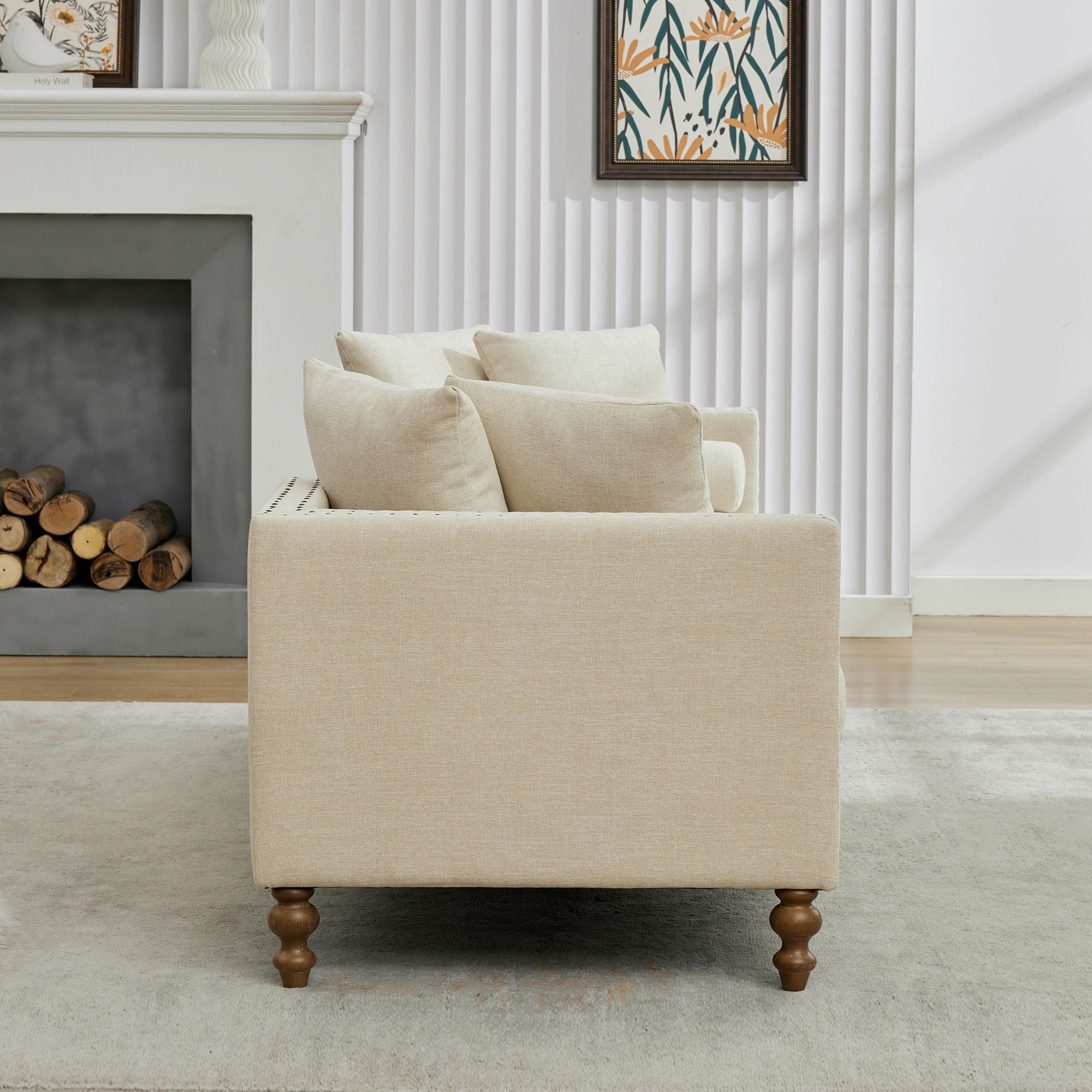 Upholstered Chaise Lounge Indoor With Nailheads, Sleeper Sofa Couch With 4 Throw Pillows & 2 Bolsters, Daybed With Rubberwood Legs