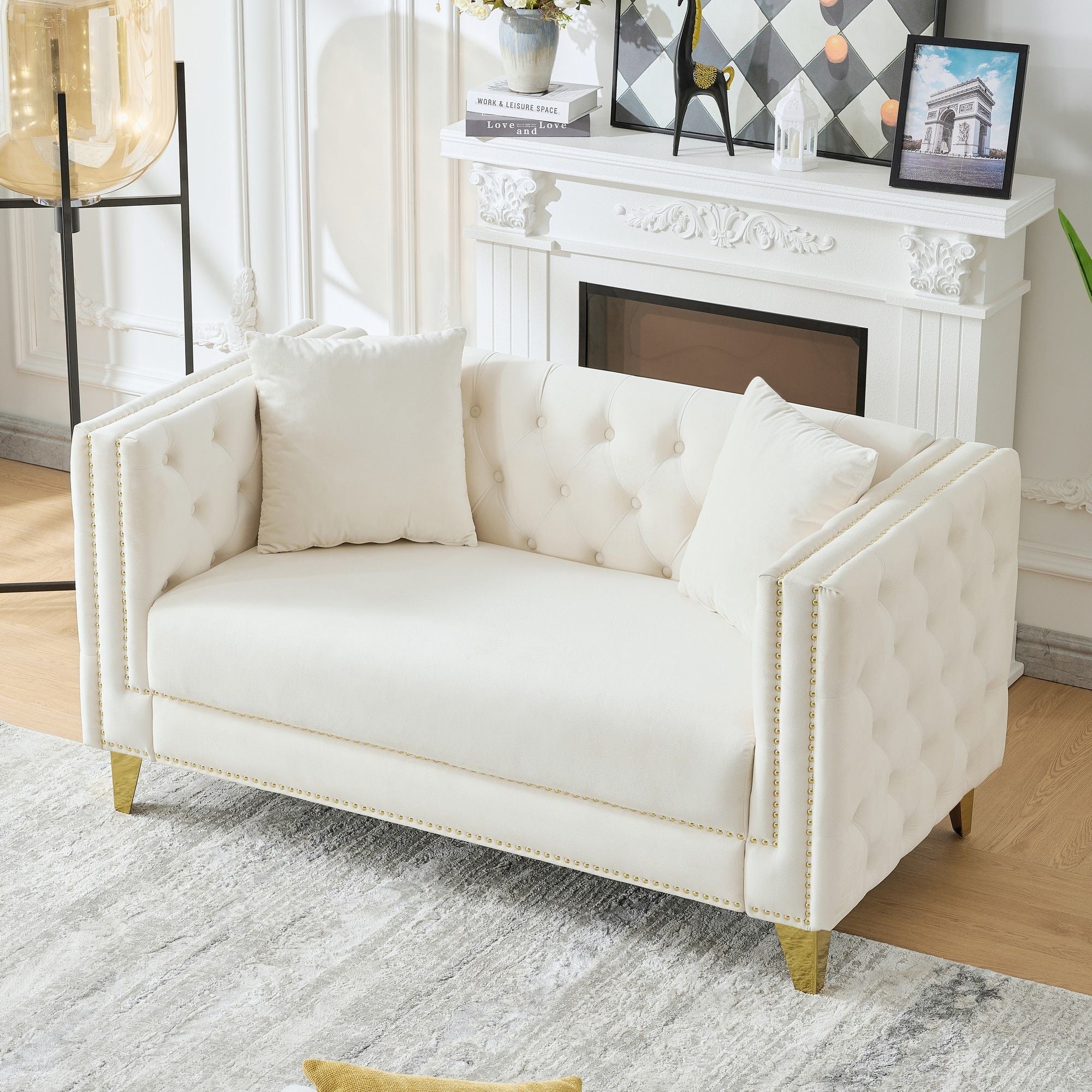 2 Seater Deep Seat Sofa With Button Nailhead, Square Arm
