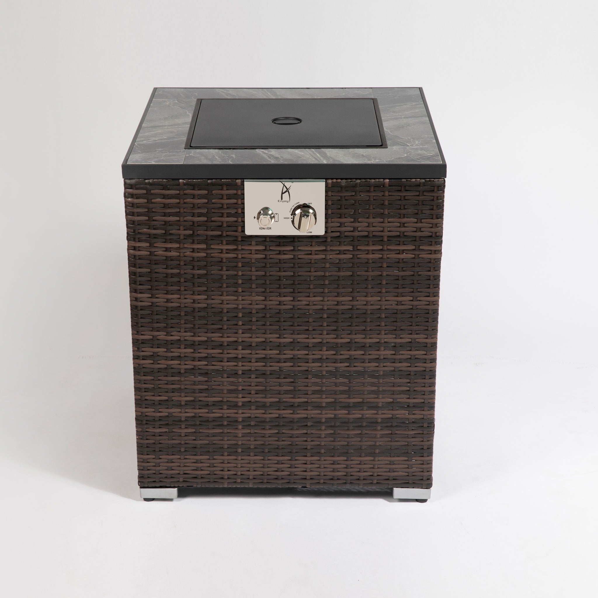 Propane Gas Square Fire Pit, Tile Tabletop With Beautiful Wicker Base For Outside