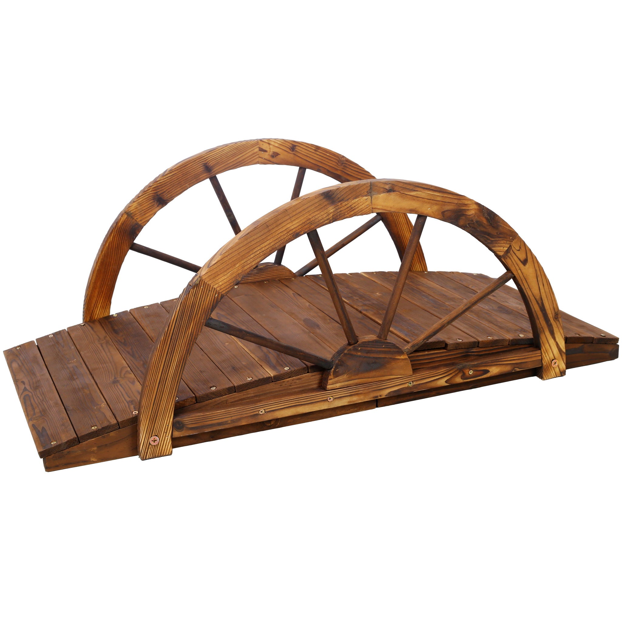 Wooden Garden Bridge Arc Footbridge With Half Wheel Railings Solid Fi - Brown