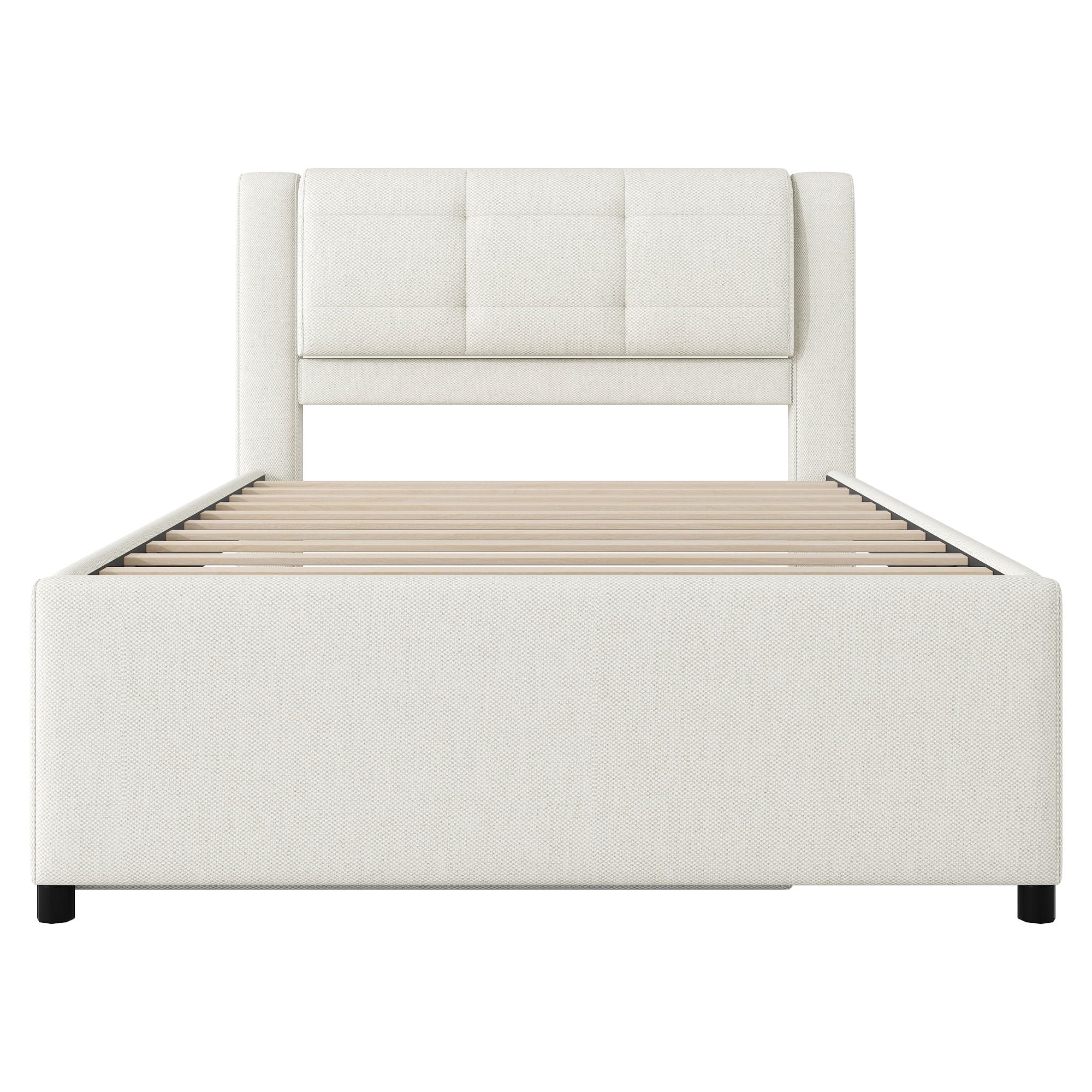 Full Size Upholstered Platform Bed With Adjustable Trundle - Beige