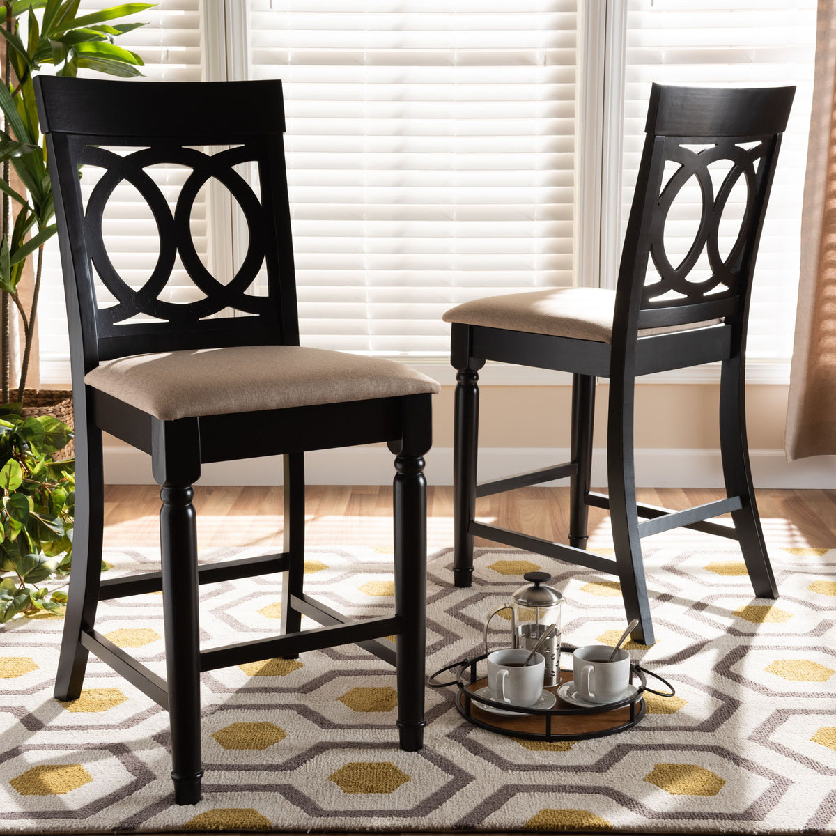 Verina Modern and Contemporary Sand Fabric Upholstered Espresso Brown Finished 2-Piece Wood Counter Stool Set of 4