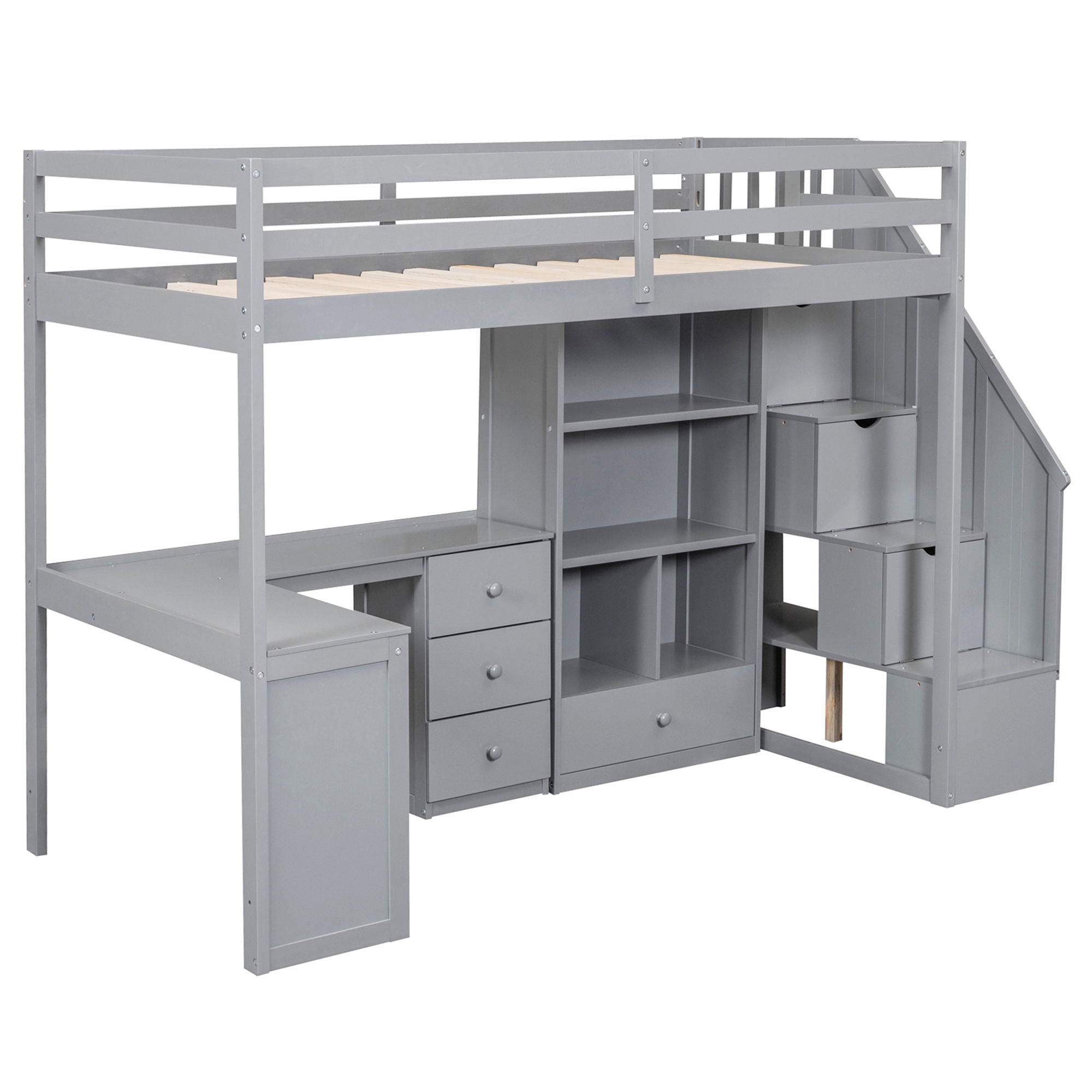 Loft Bed With L Shaped Desk, Drawers, Cabinet, And Storage Staircase