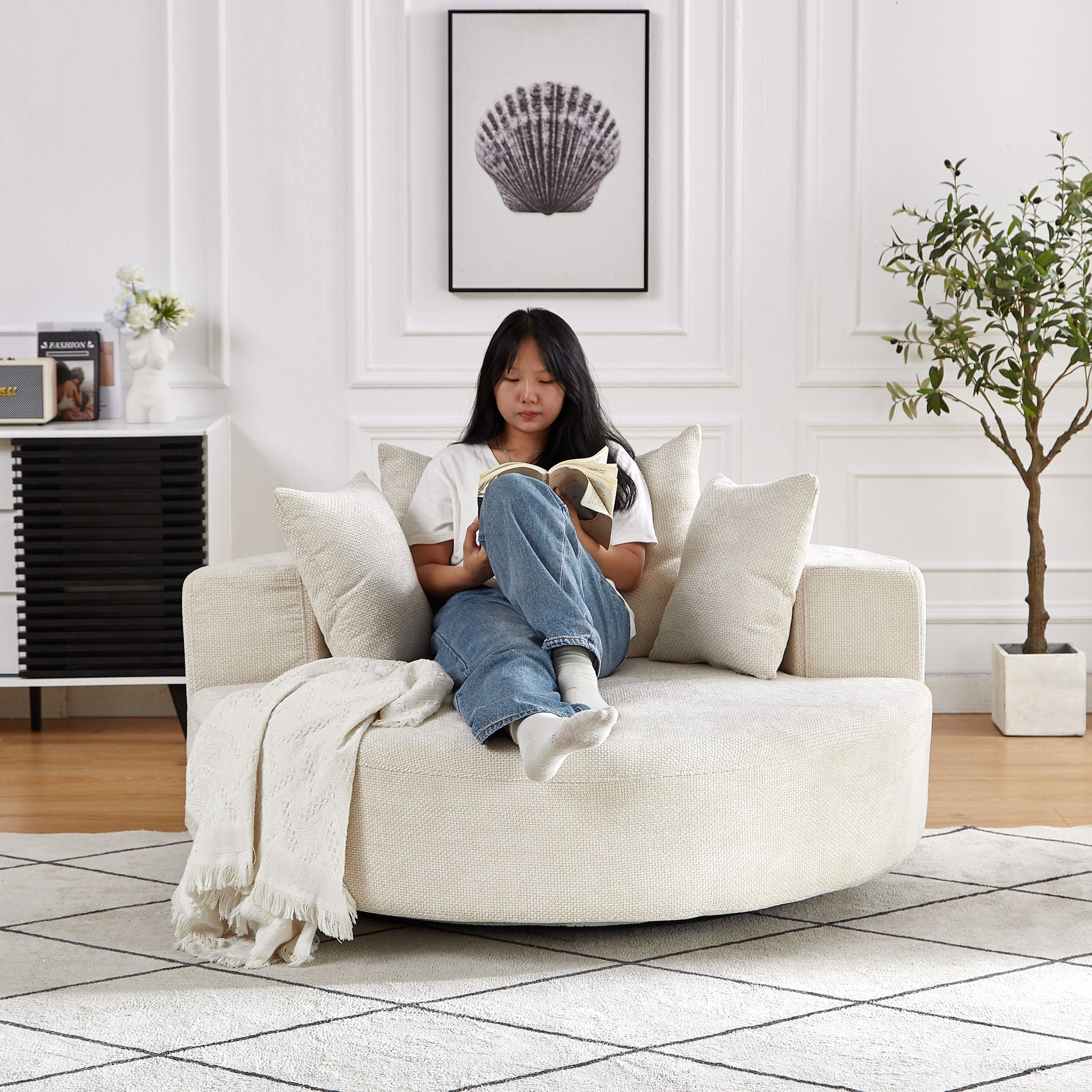 Single Swivel Chair, Fluffy Modern Sleeper, 360 Degree Swivel Chair For Living Room - Beige