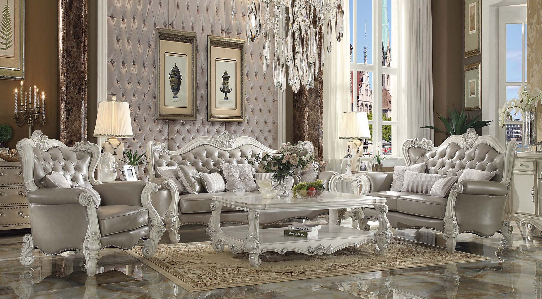 ACME Versailles - Loveseat - Vintage Gray PU & Bone White - 50" | Meri Furniture