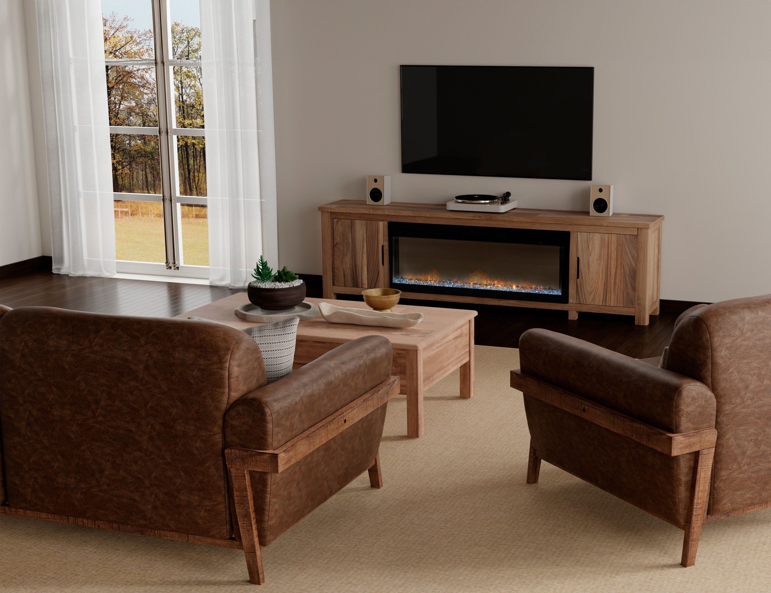 International Furniture Direct Natural Parota - 93" Electric Fireplace - Dark Brown | Meri Furniture