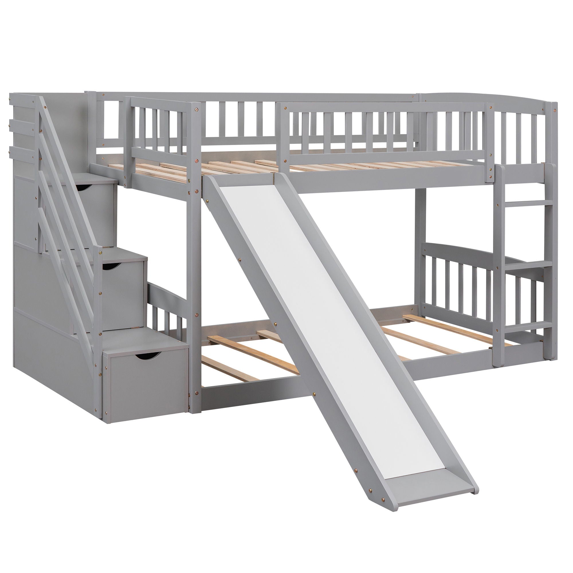 Twin Over Twin Bunk Stairway Bed With 2 Drawers And Slide - Gray