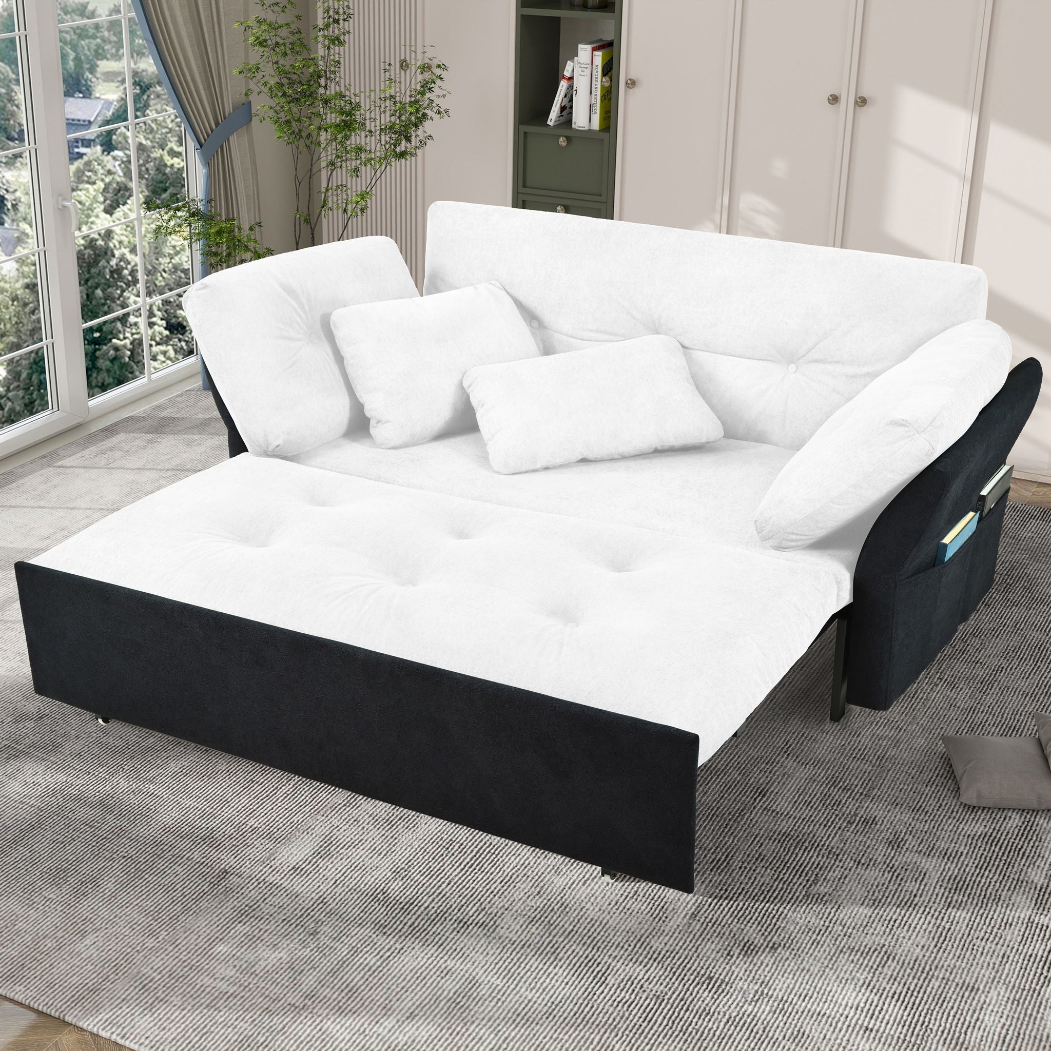 Modern Convertible Sleeper Sofa Bed With Pull-Out Queen Design, Side Storage & Thick Cushions