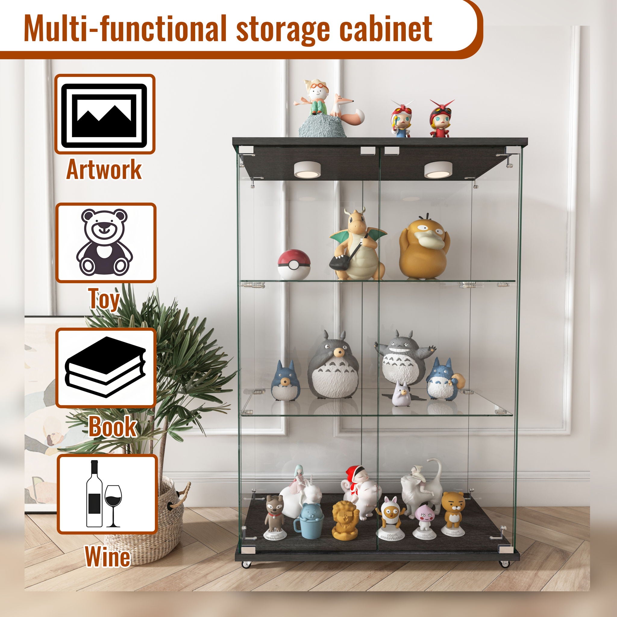 Modern Display Cabinet With LED Lights, Transparent Tempered Glass 2 Door Storage Case With 3 Shelves