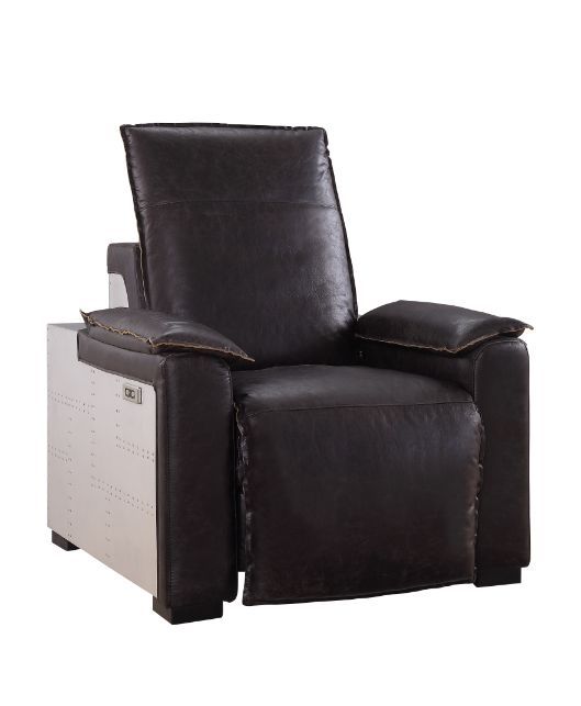 ACME Nernoss - Recliner - Dark Grain Brown Leather & Aluminum | Meri Furniture