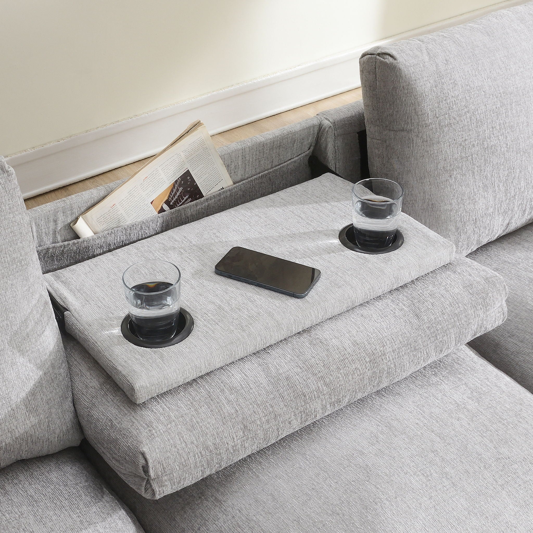 Sectional With Bluetooth Speaker Comfy Cloud Couch Set With Drop Down Table Cup Holders, USB Charger Storage Armrest Wide Seat Sofa