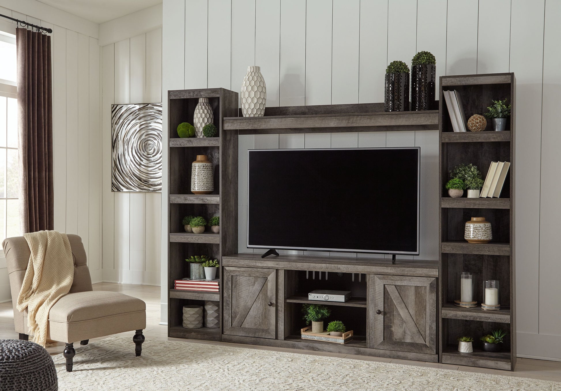 Signature Design by Ashley® Wynnlow - Gray - 4-Piece Entertainment Center With LG TV Stand W/Fireplace Option | Meri Furniture