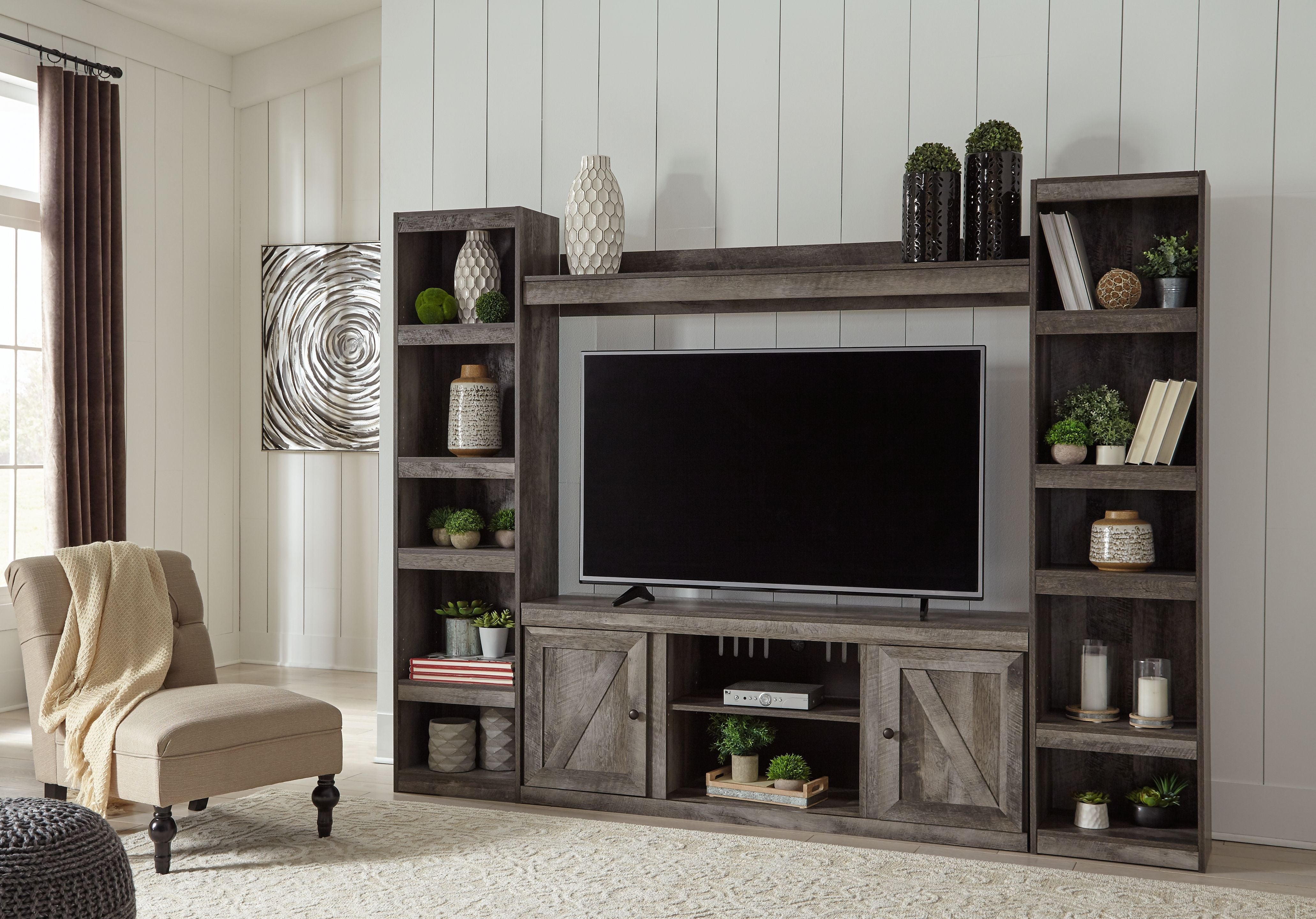 Signature Design by Ashley® Wynnlow - Gray - 4-Piece Entertainment Center With LG TV Stand W/Fireplace Option | Meri Furniture