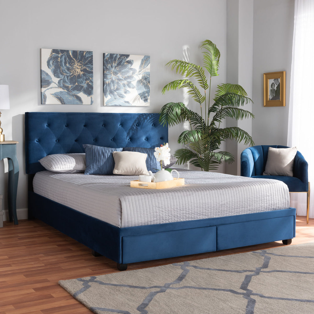 Caronia Modern and Contemporary Navy Blue Velvet Fabric Upholstered 2-Drawer Queen Size Platform Storage Bed