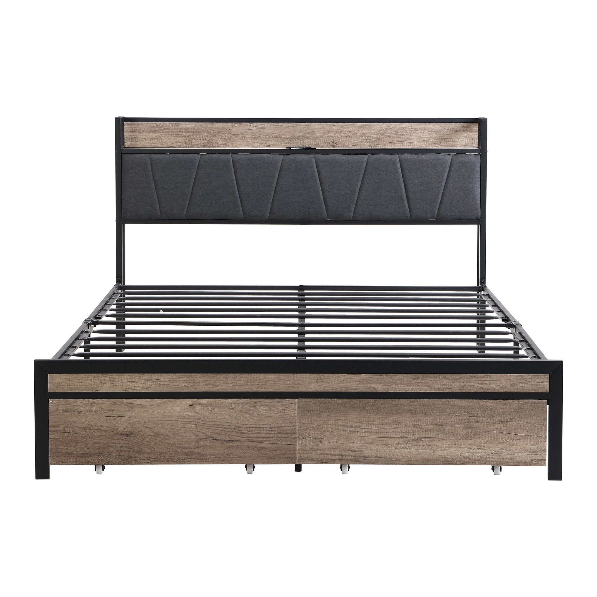 Modern Platform Bed Frame With Upholstered Storage Headboard, USB Ports
