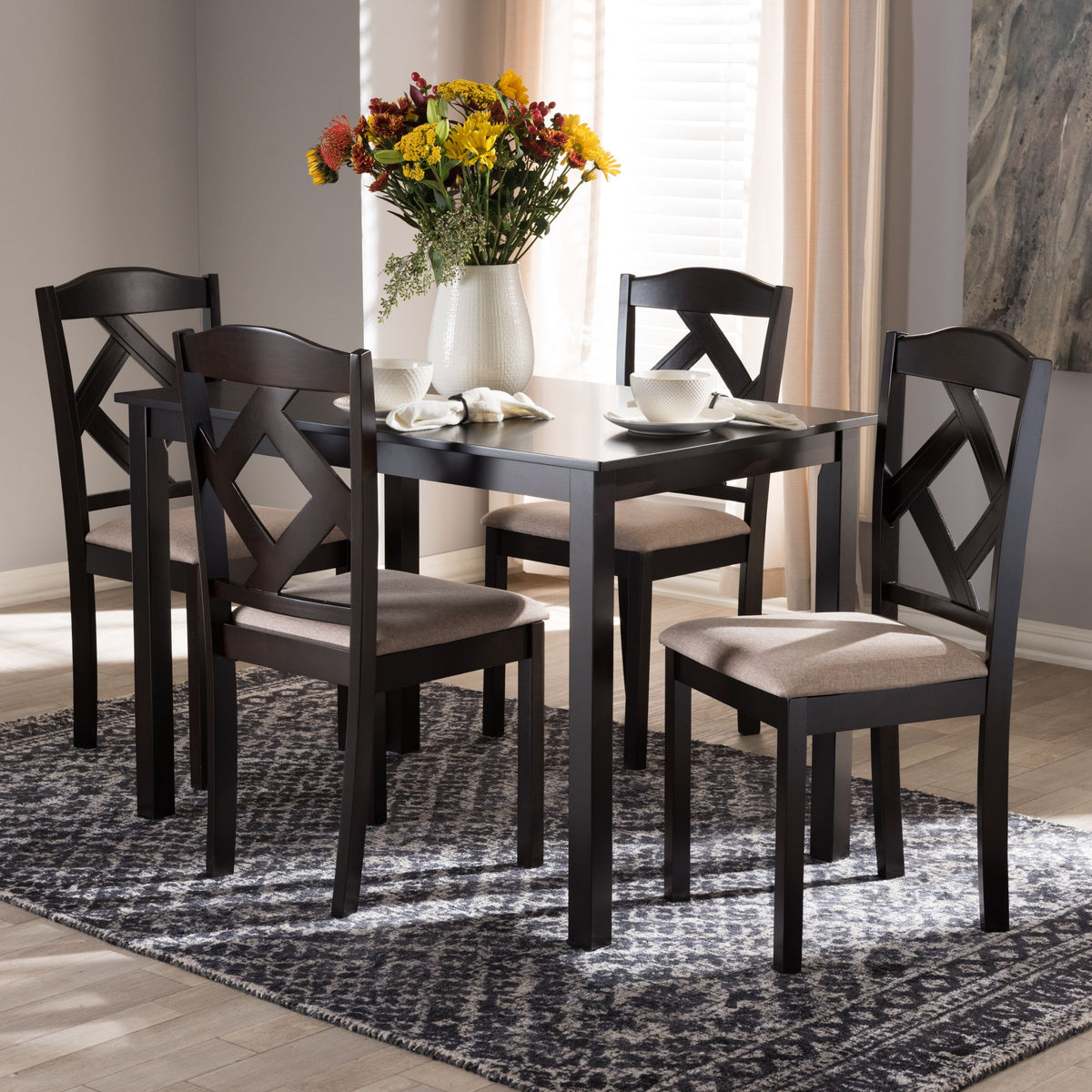 Ruth Modern and Contemporary Beige Fabric Upholstered and Dark Brown Finished 5-Piece Dining Set