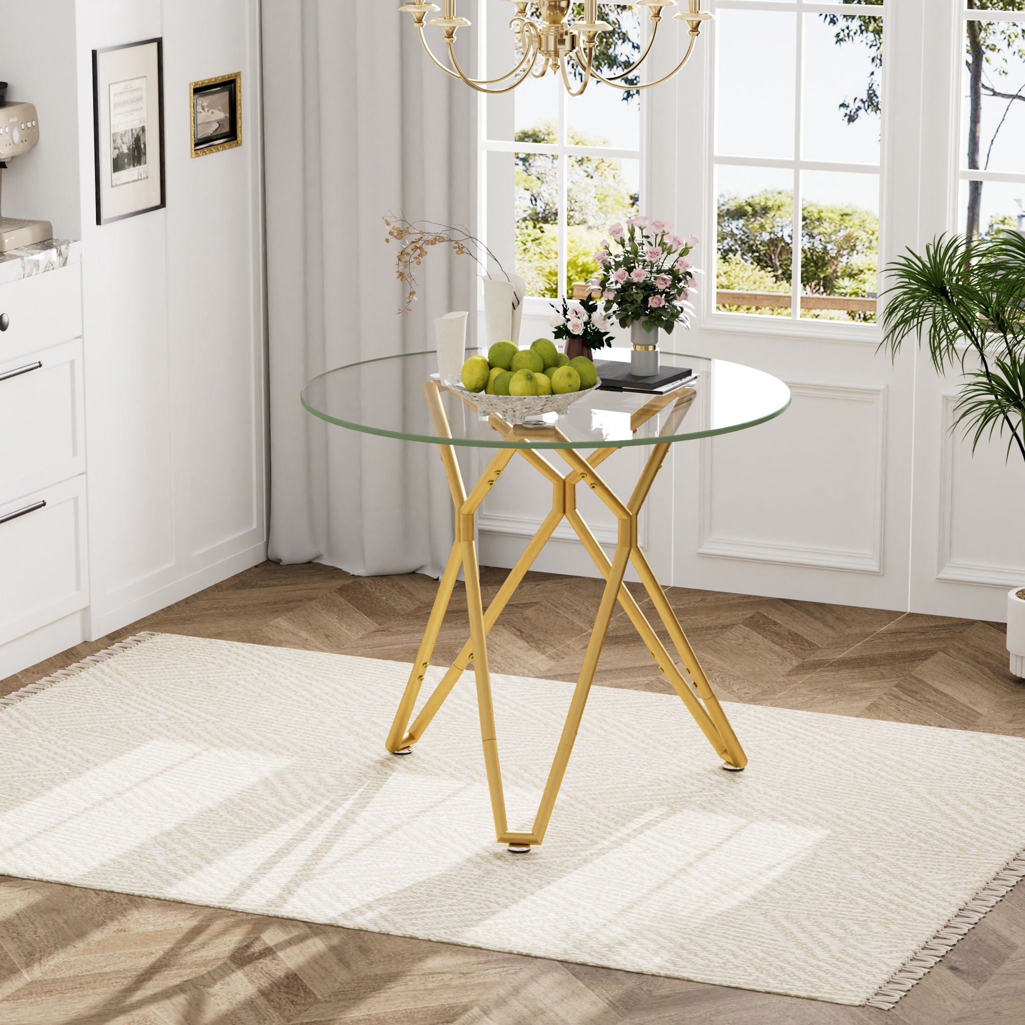 Modern Round Tempered Glass Dining Table With Sturdy Metal Legs For 1 - 4 People - Gold