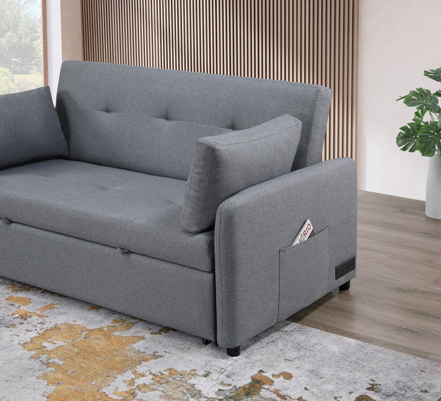 Radella 69"W Gray Linen Convertible Sleeper Sofa with USB Ports, Power Sockets, Pockets, Pillows, Tufting