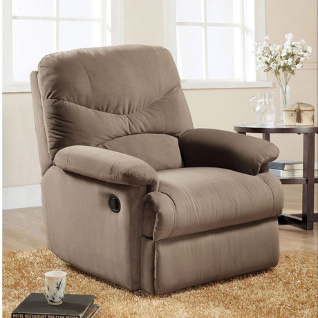 The lovely Arcadia recliner offers comfort, style and value for any home. A smooth microfiber seat cushion provides relaxation from seat to toe with an easy to reach external handle for operating the reclining mechanism.