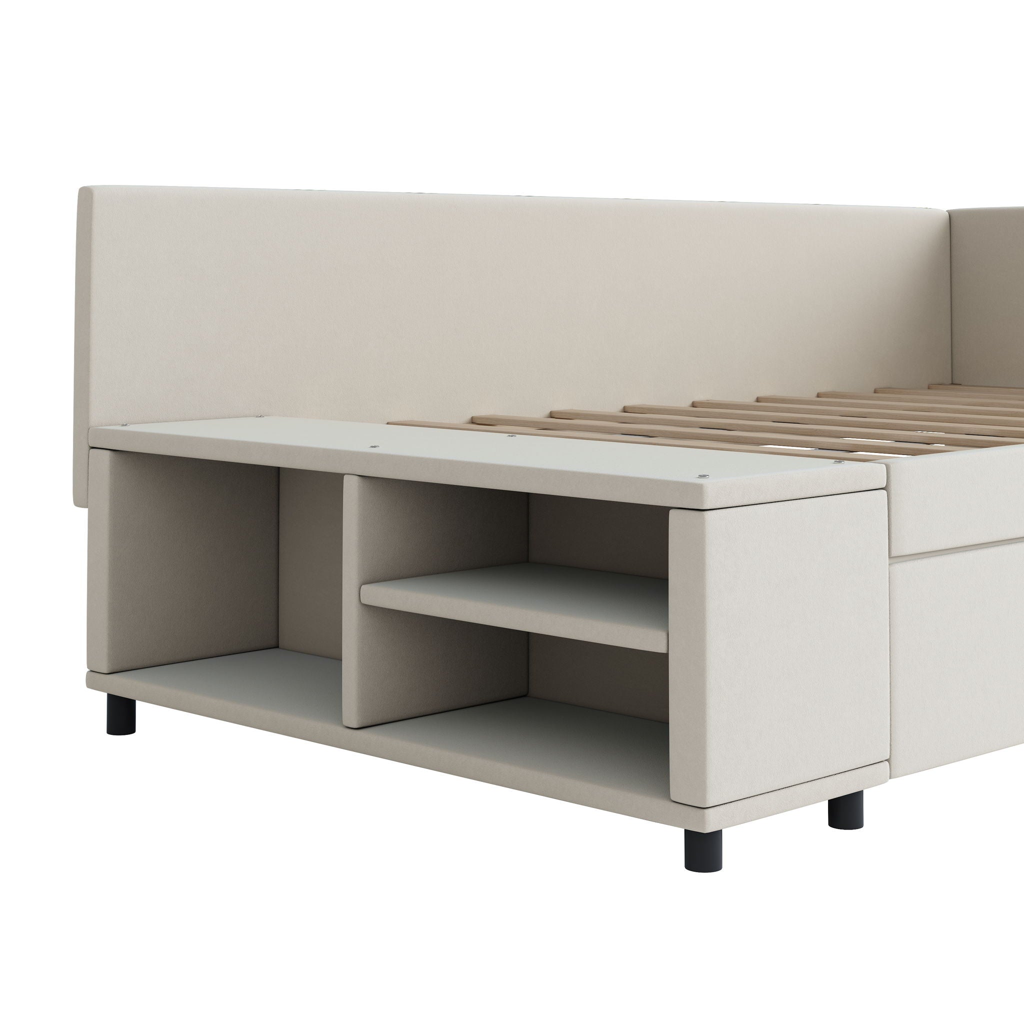L Shaped Upholstered Platform Bed With Storage And Drawers