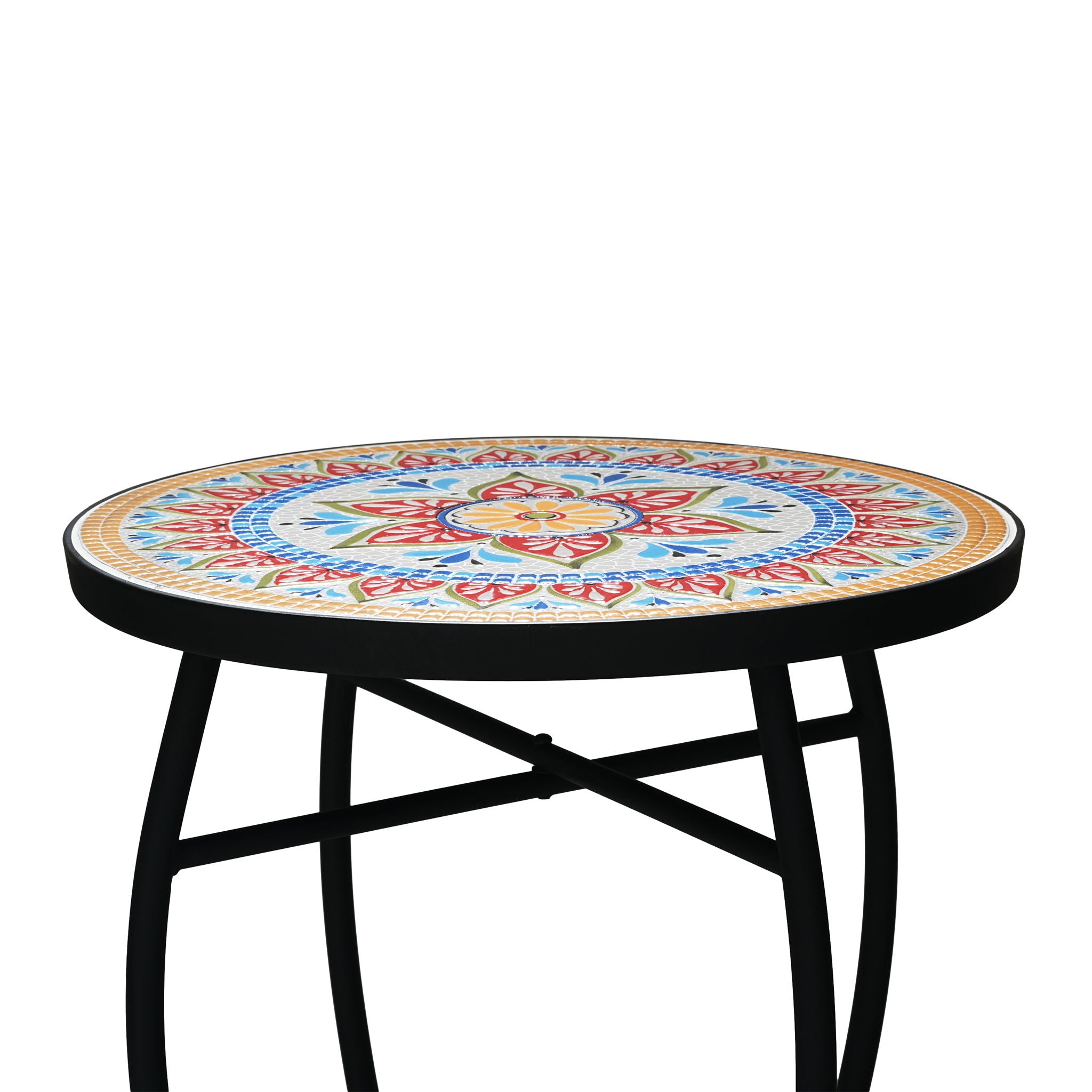 Outdoor Round Side Table With Mosaic Style Top And Curved Iron Legs