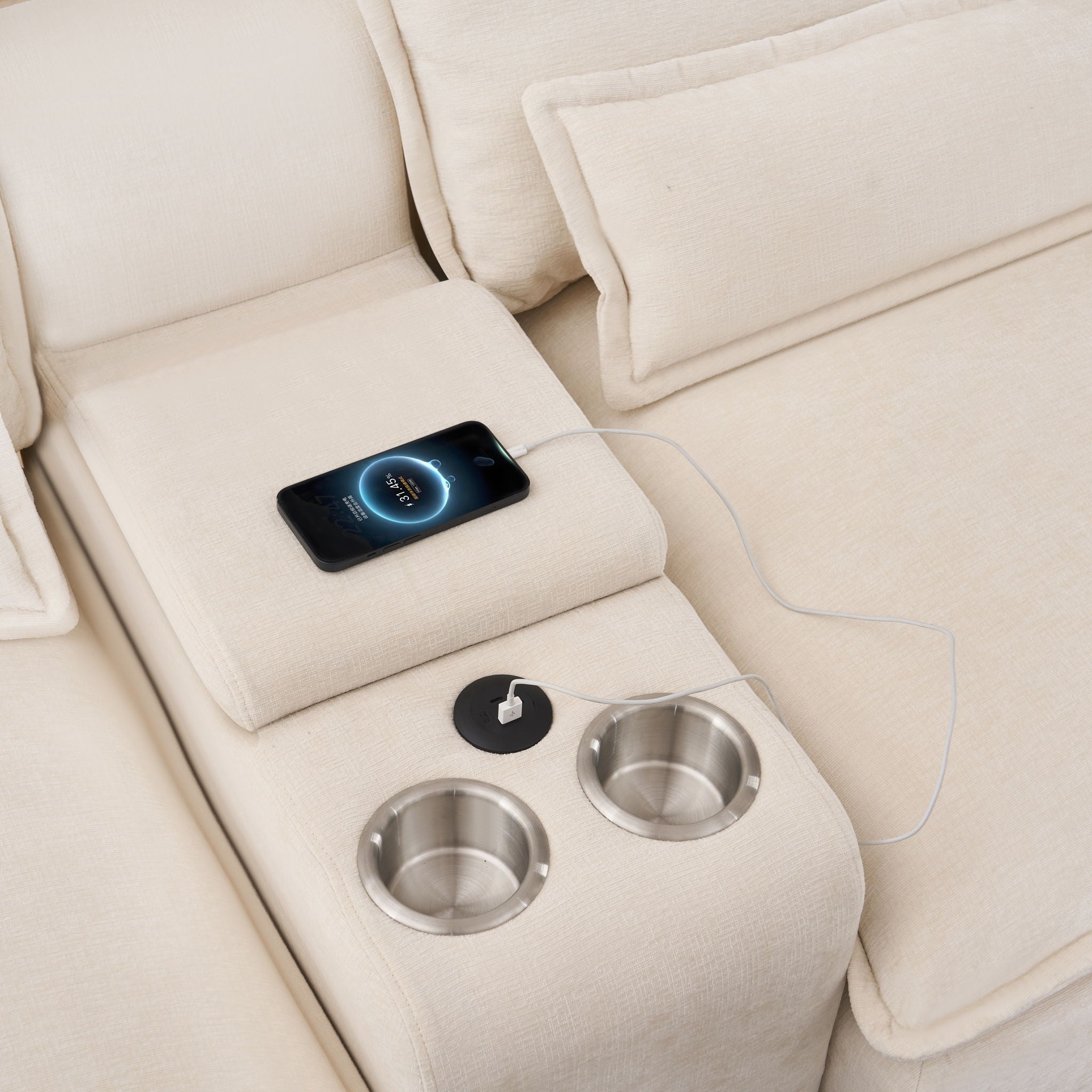 U Shaped Sofa With Console, Cupholders, USB Ports, 6 Seat, Bronzing Suede & Chenille