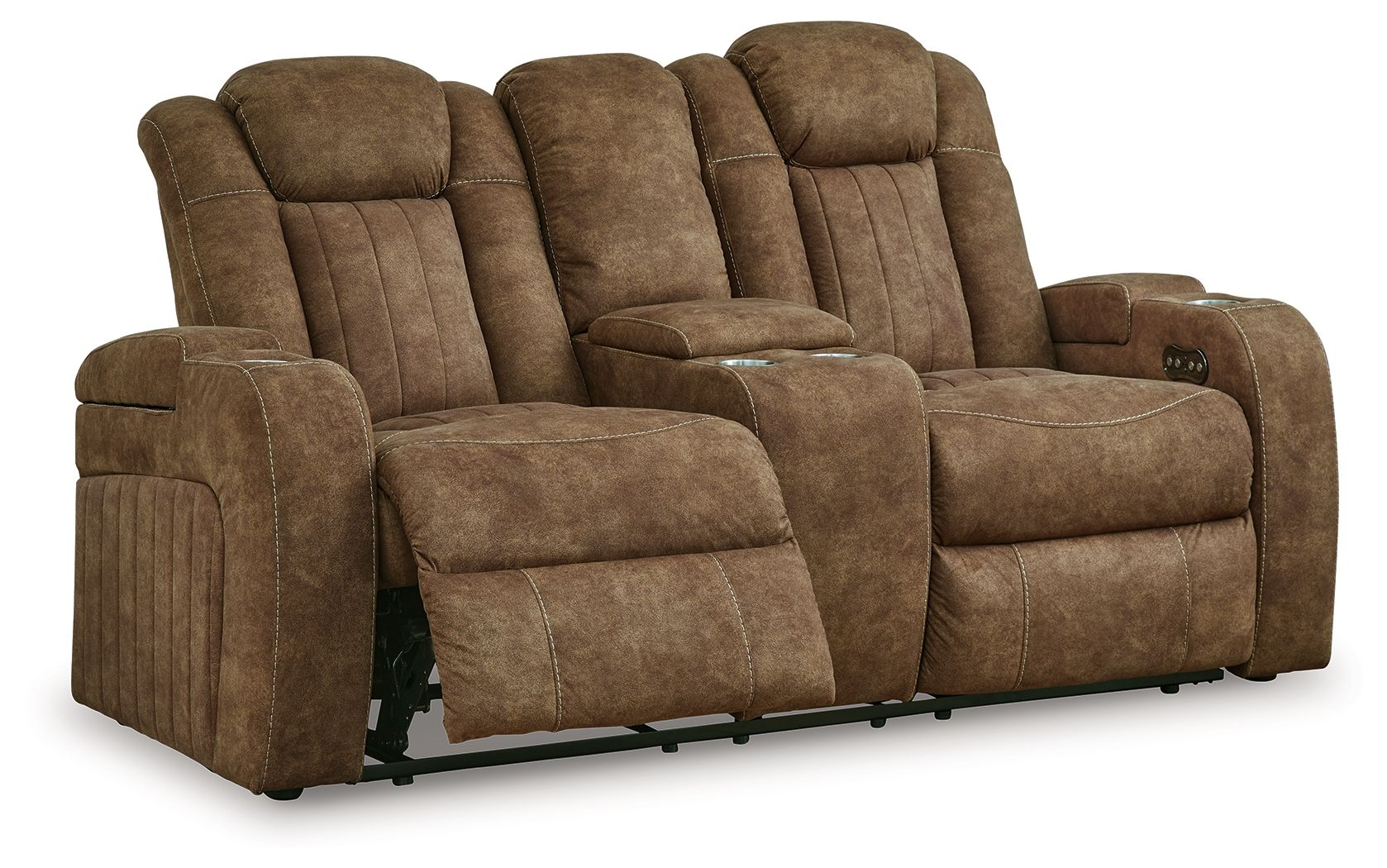 Signature Design by Ashley® Wolfridge - Brindle - Power Reclining Loveseat With Console /Adj Hdrst | Meri Furniture