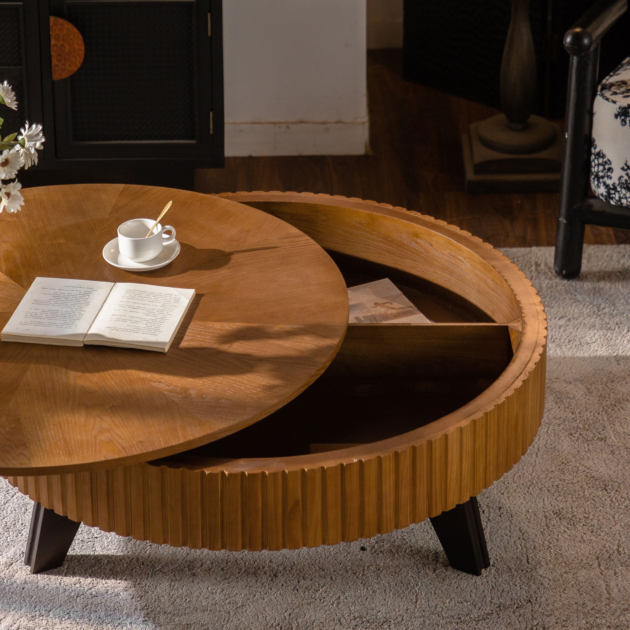 Round Retro Coffee With Solid Wood Legs