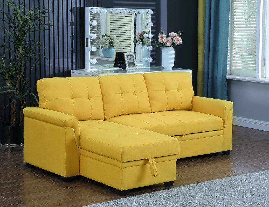 Lucca 84"W Yellow Linen Reversible Sleeper Sectional Sofa with Storage Chaise