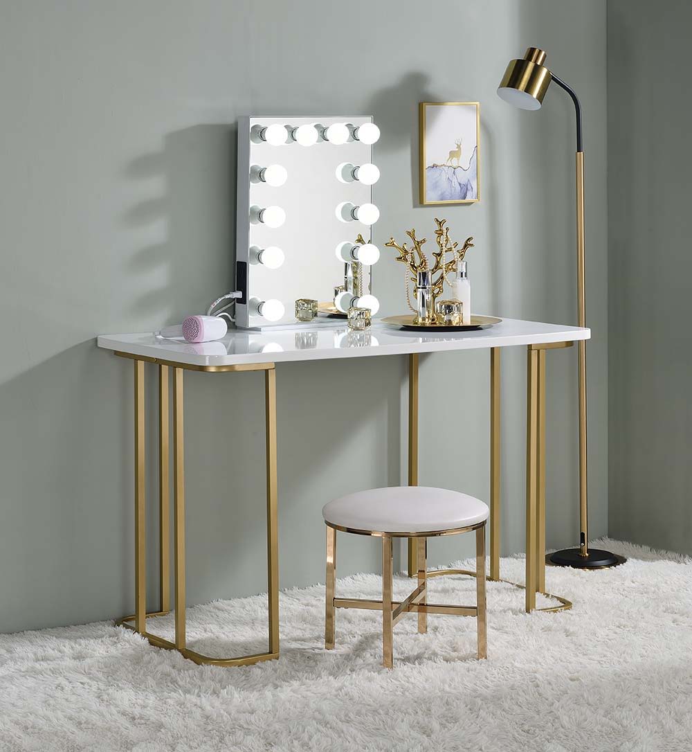 ACME Estie - Vanity Desk - White & Gold Finish | Meri Furniture