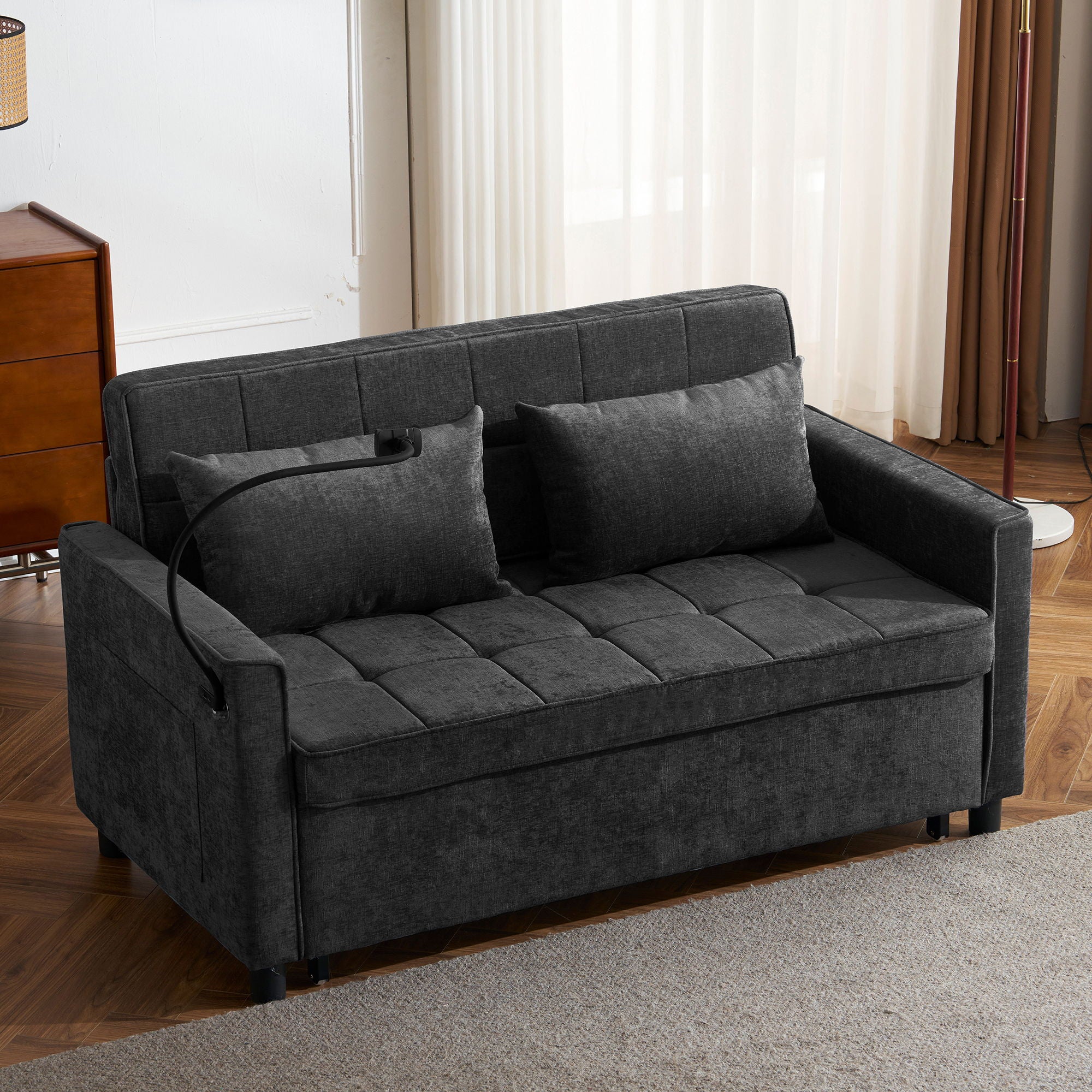 Loveseat Sofa Bed Sleeper With Reversible Backrest, Side Pockets, USB Ports, Phone Holder