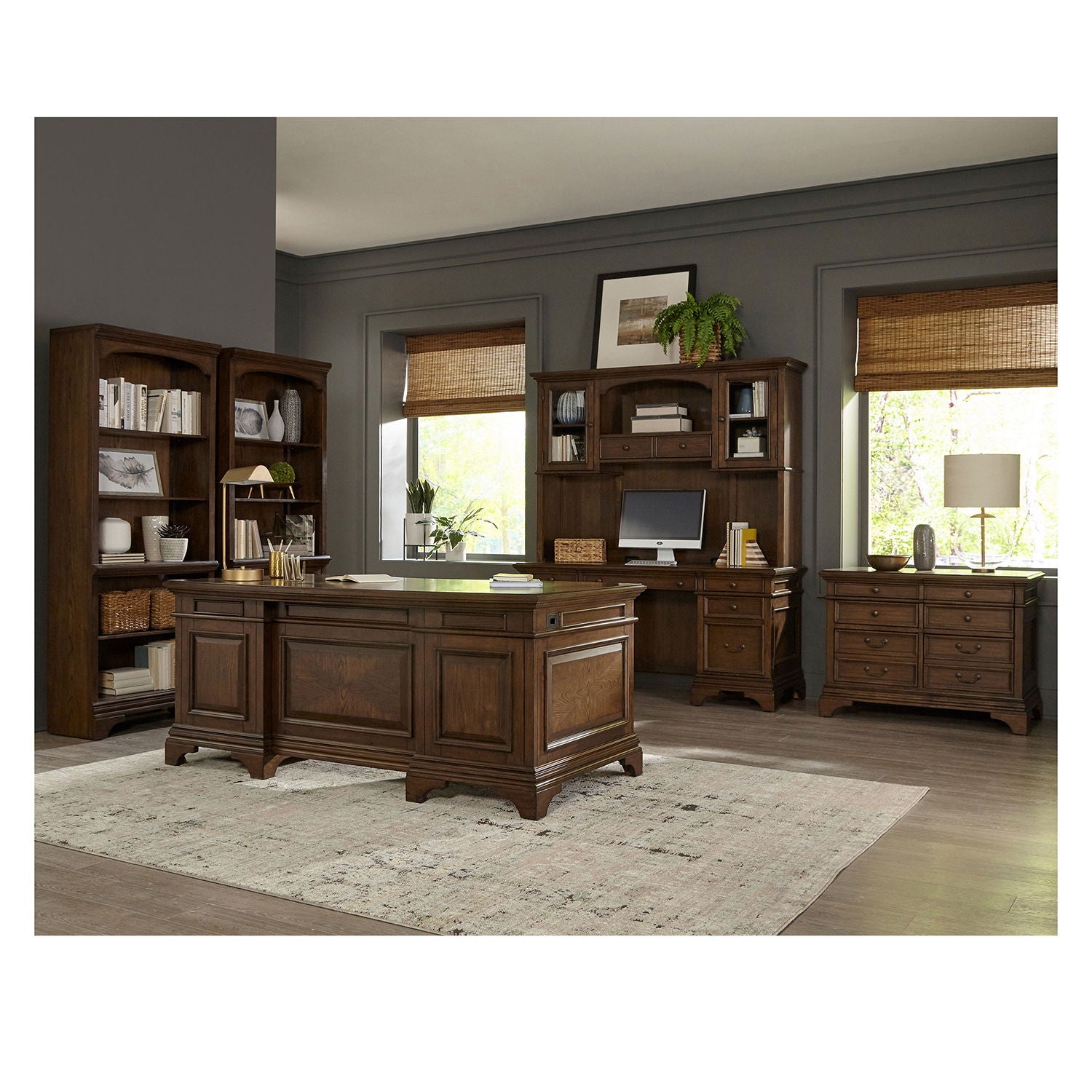 Stigham - 5 Drawer Credenza Office Desk - Oak