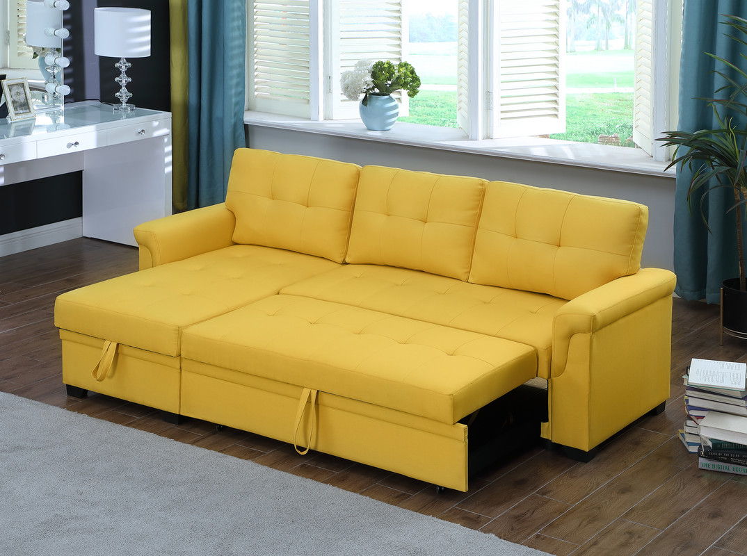 Lucca 84"W Yellow Linen Reversible Sleeper Sectional Sofa with Storage Chaise