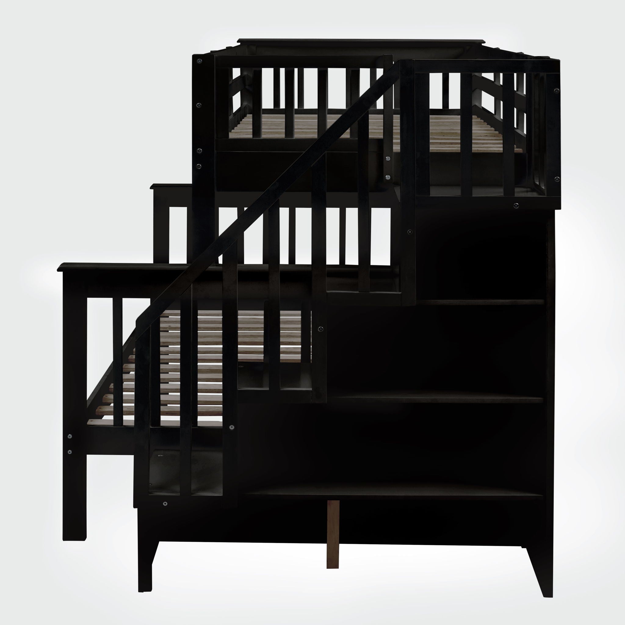 Bunk Bed With Twin Size Trundle, Storage And Guard Rail For Bedroom