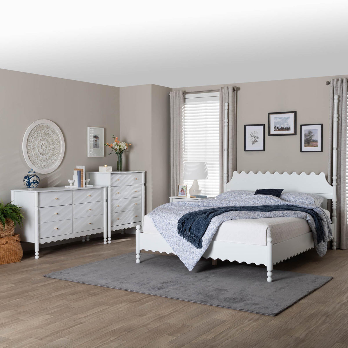 Hoffman 4-Piece Scalloped Bedroom Set - Farmhouse Bed Frame with Matching Dresser, Chest, and 2-Drawer Nightstand, White, King
