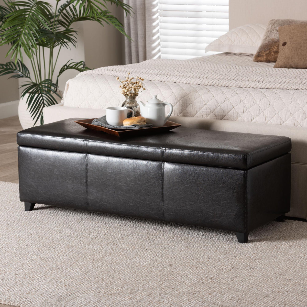 Dark Brown Faux Leather Storage Bench Ottoman with Stitching